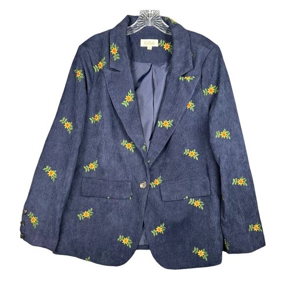 Listicle Floral Embroidered Corduroy Blazer Navy Blue L Boho Cottagecore preppy - Picture 2 of 7